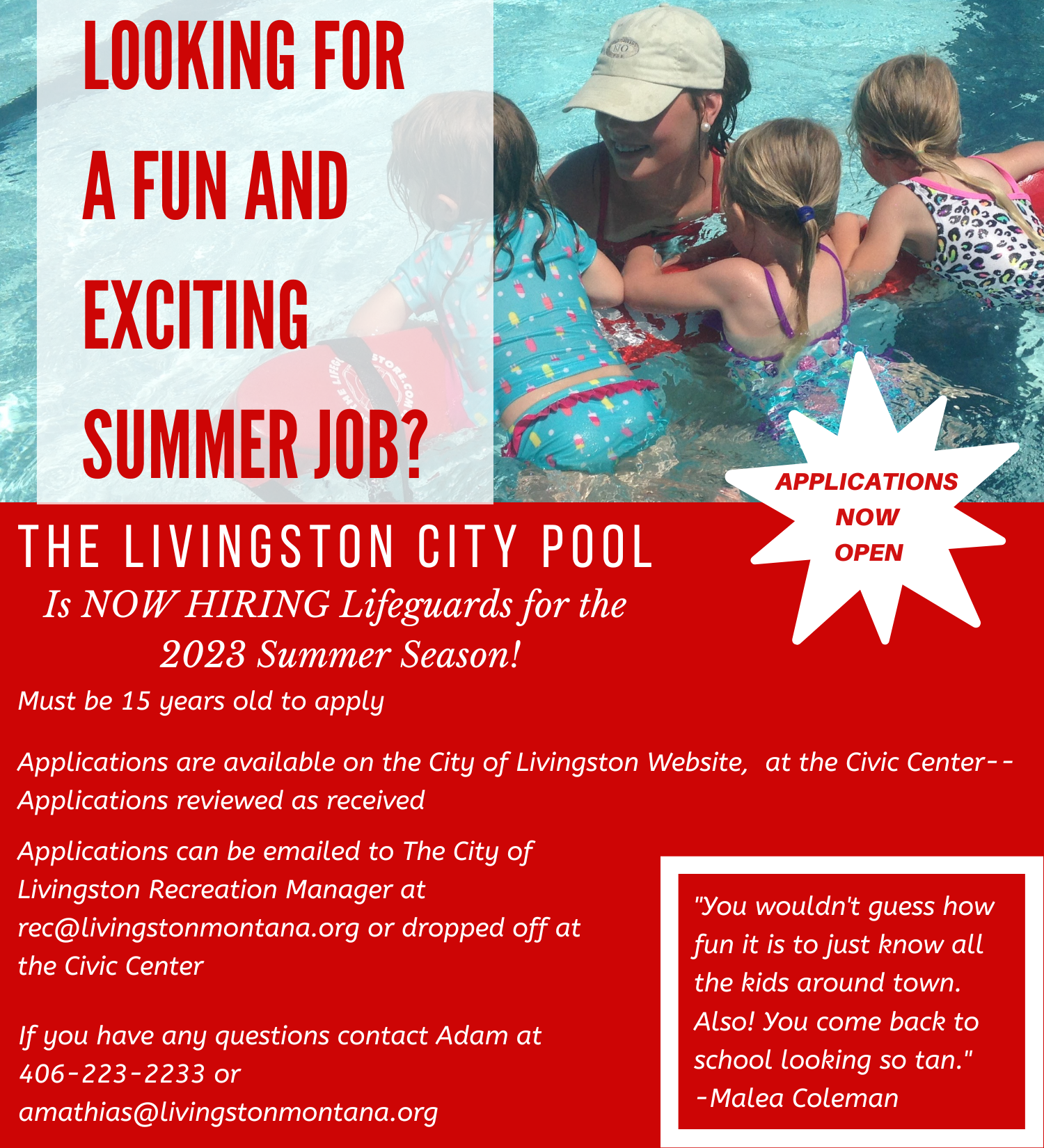 Seasonal Lifeguard and Swim Instructor Livingston, Montana