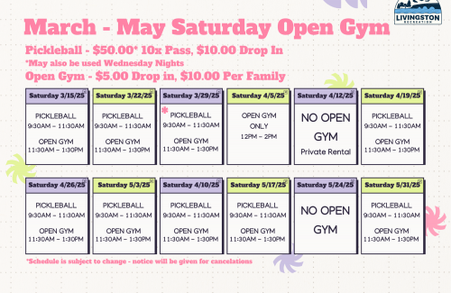 Spring 2025 Weekend Open Gym Schedule