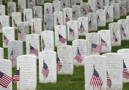 Veterans headstones with flags